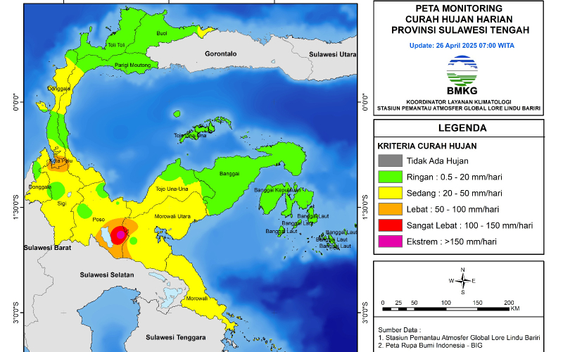 Update Monitoring Curah Hujan Harian di Provinsi Sulawesi Tengah